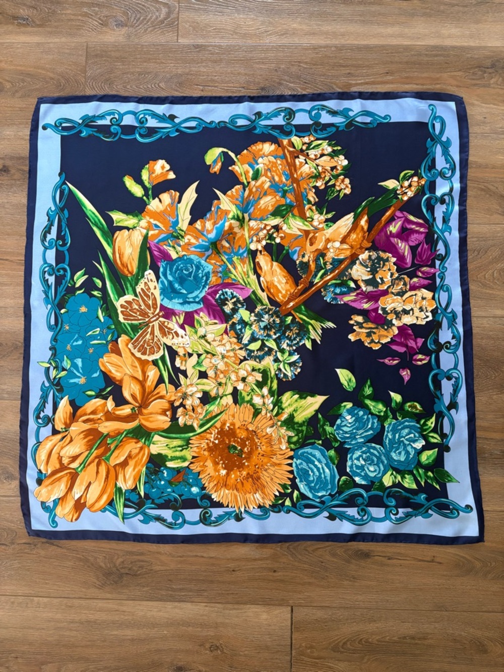 Floral Garden Silk-Feel Square Scarf in Navy & Orange